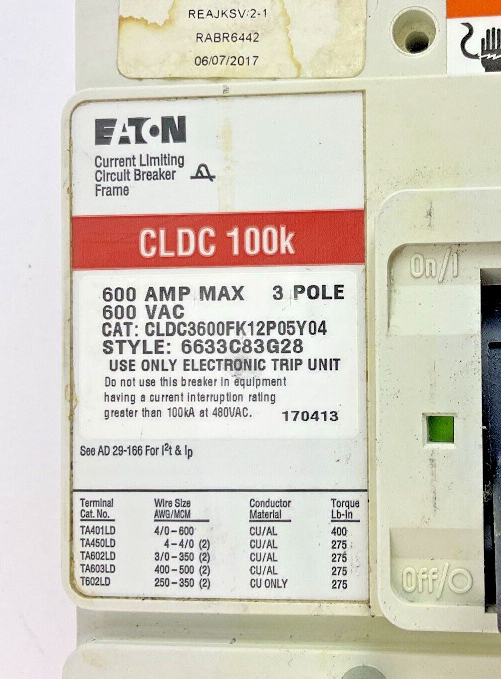 EATON CLDC36000FK12P05Y04 CIRCUIT BREAKER 600A/ 6LES600T 120A TRIP1