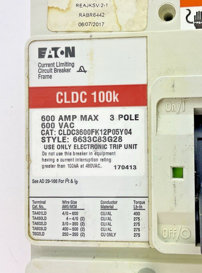 EATON CLDC36000FK12P05Y04 CIRCUIT BREAKER 600A/ 6LES600T 120A TRIP1