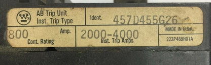 WESTINGHOUSE 457D455G26 AB TRIP UNIT 800AMP 3POLE INST TRIP 2000-4000A1
