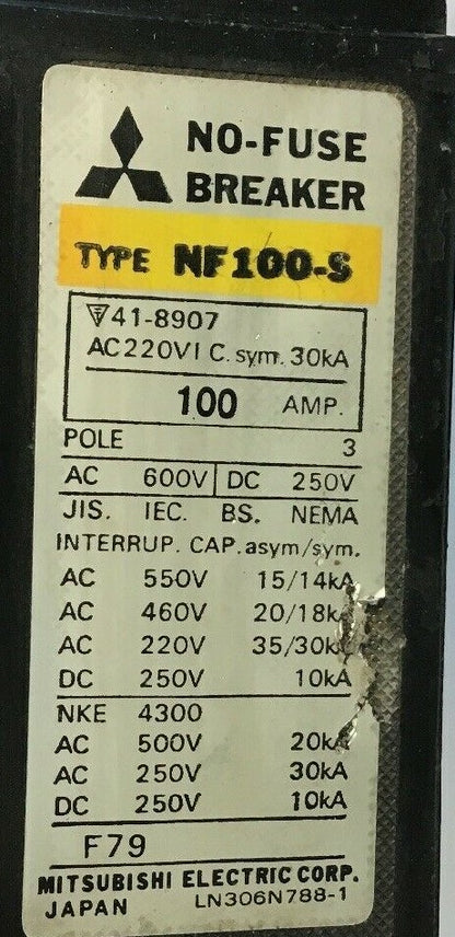 MITSUBISHI NF 100-S CIRCUIT BREAKER 100AMP 600VAC/250VDC 3POLE1