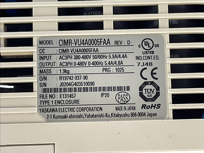 YASKAWA CIMR-VU4A0005FAA REV: D V1000 AC DRIVE OUTPUT 3PH 0-480V 5.4/4.8A1