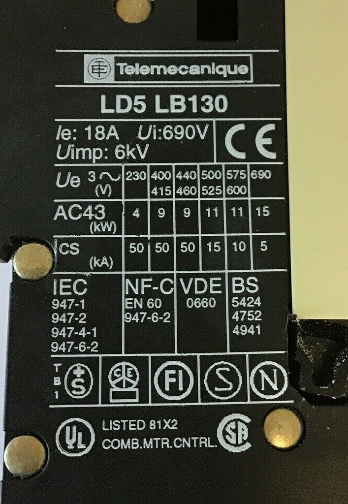 TELEMECANIQUE LD5 LB130 REVERSING MANUAL STARTER 18A 690V 2
