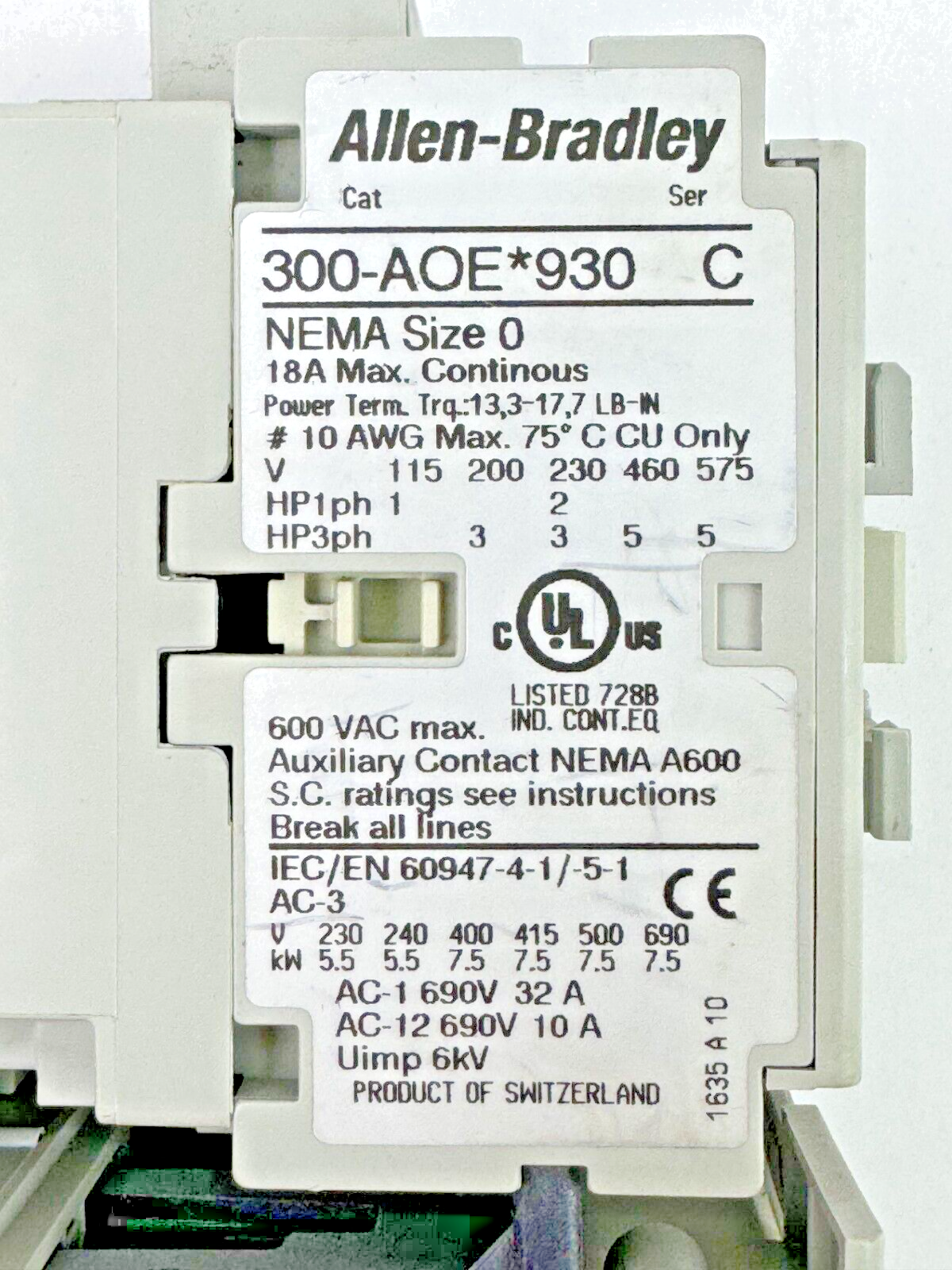 ALLEN BRADLEY - 300-AOE*930 SER. C & 193-EEDB SER. C - 600VAC 18A 3PH COIL 24VDC1