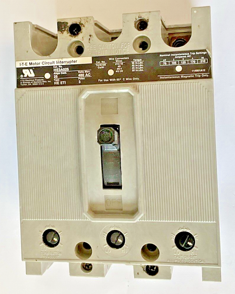 ITE HE3A025 CIRCUIT BREAKER 25A 480VAC 3POLE TYPE HE ETI0