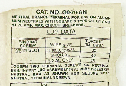 SQUARE D - Q0-70-AN - NEUTRAL BRANCH TERMINAL FOR USE ON ALUMINUM- NEW OLD STOCK1