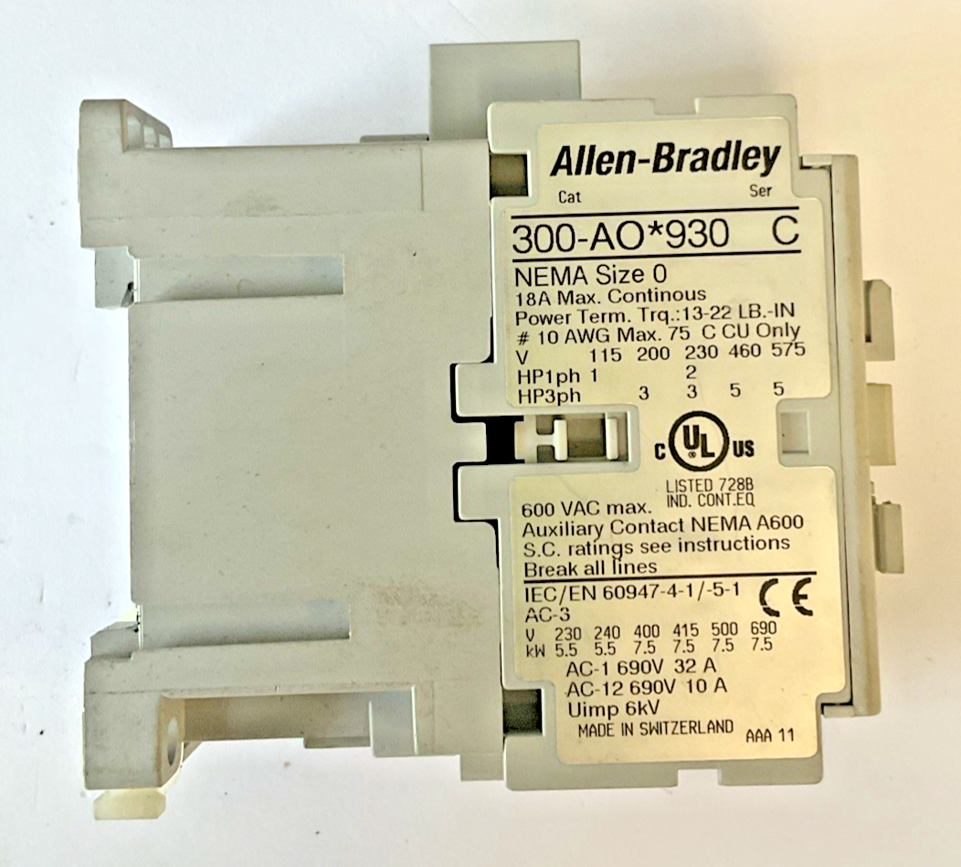 ALLEN BRADLEY 300-AO*930 CONTACTOR SER.C 600VAC SIZE 02
