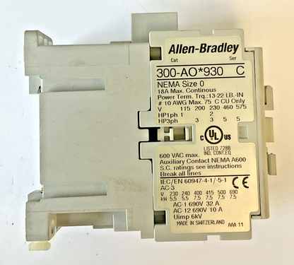 ALLEN BRADLEY 300-AO*930 CONTACTOR SER.C 600VAC SIZE 02