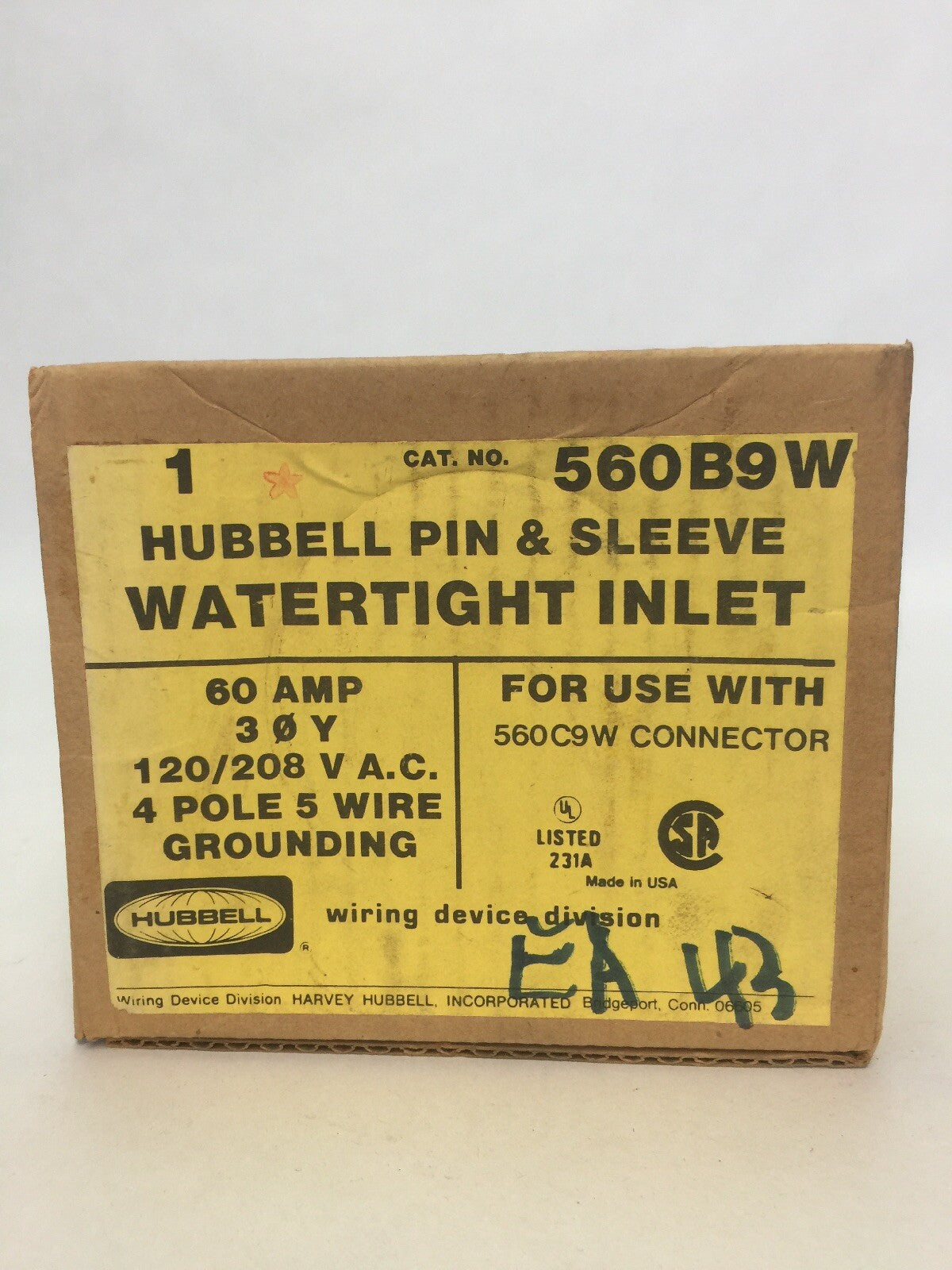 HUBBELL 560B9W PIN & SLEEVE WATERTIGHT INLET 60A 120/208VAC 4 POLE 5 WIRE GROUND0