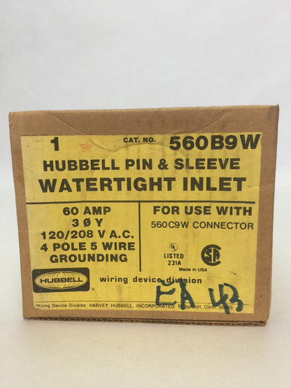 HUBBELL 560B9W PIN & SLEEVE WATERTIGHT INLET 60A 120/208VAC 4 POLE 5 WIRE GROUND0