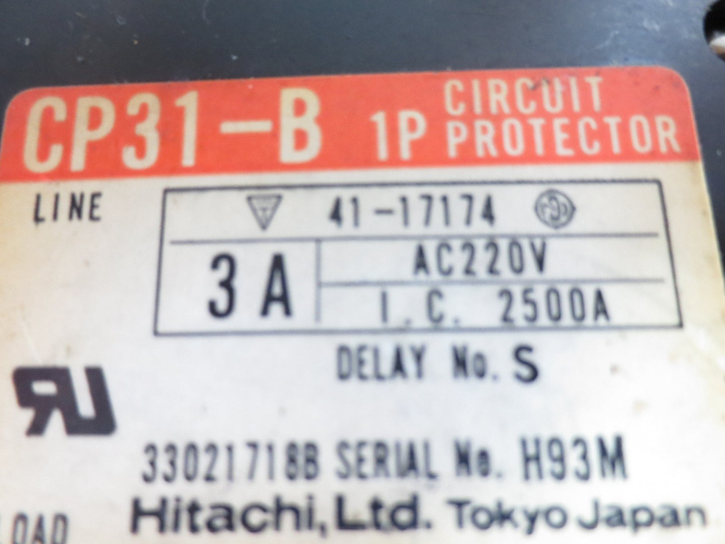 HITACHI CP31-B CIRCUIT PROTECTOR 3A 220VAC 1-POLE DELAY No. S 1