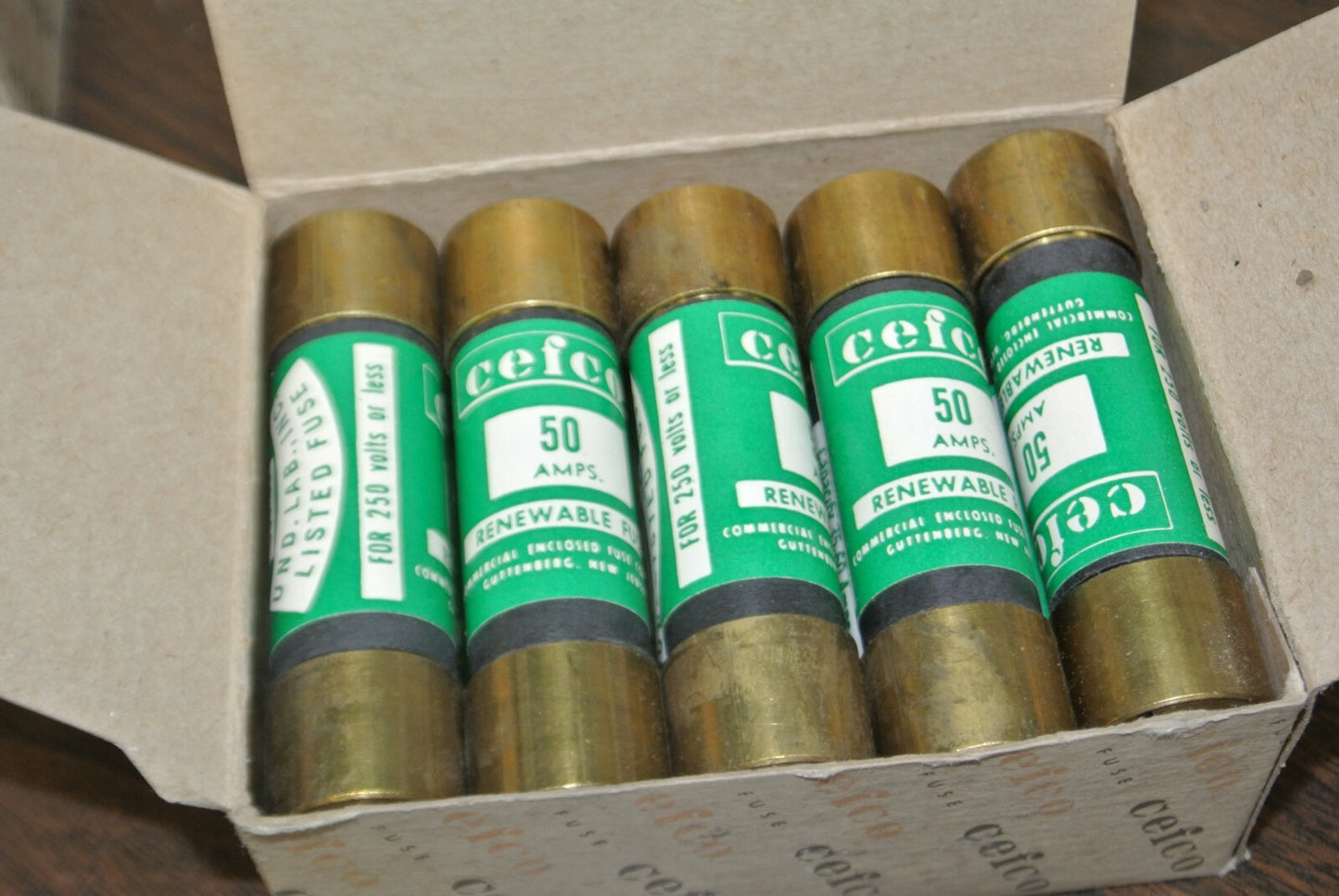 BOX of 10 CEFCO REN50 RENEWABLE FUSE / 50A / 250V / NEW SURPLUS  CAPACITY 35-60A0