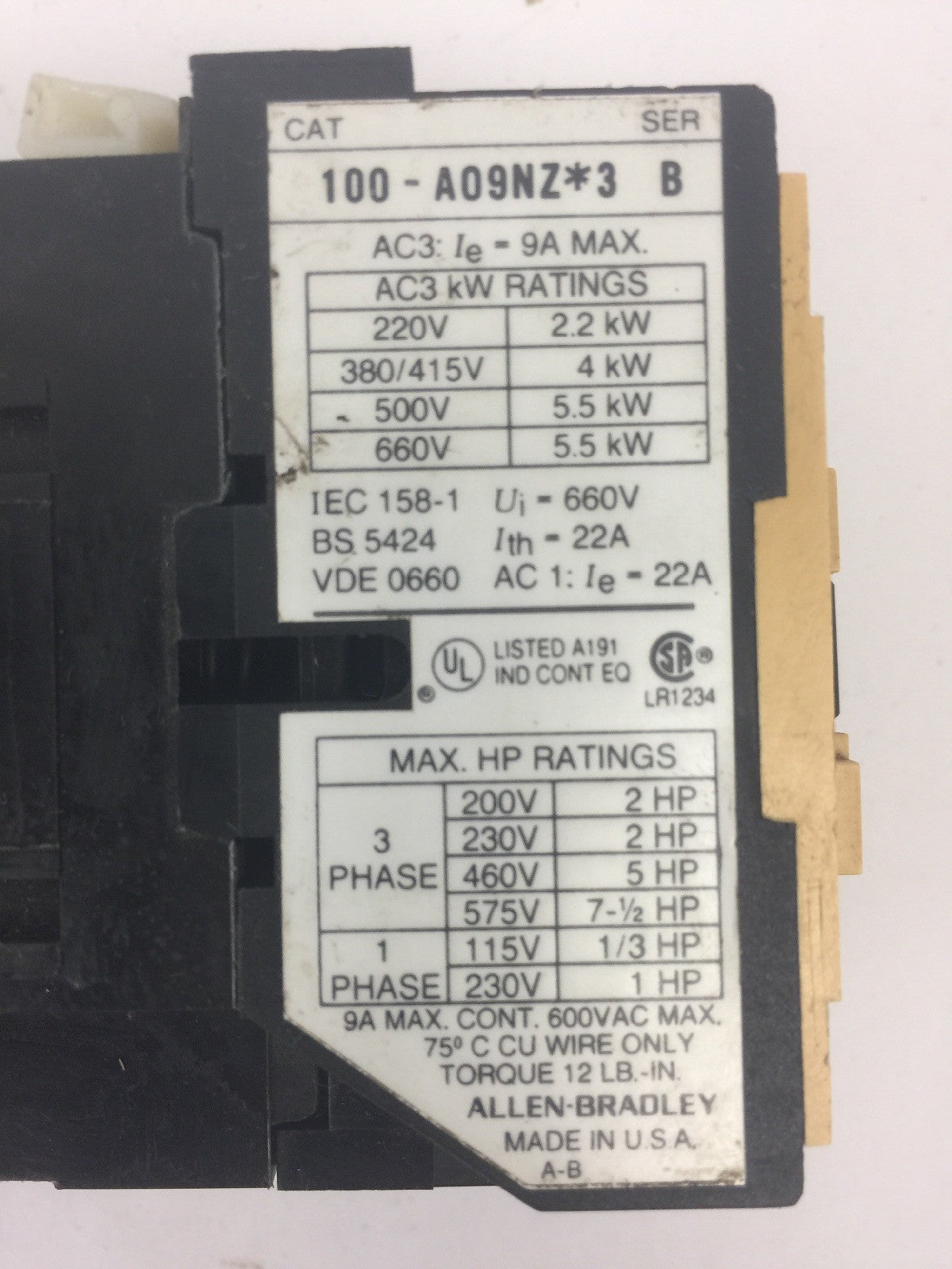 ALLEN BRADLEY 100-A09NZ*3 CONTACTOR SER B 600VAC 9A NB174 COIL 24VDC 1