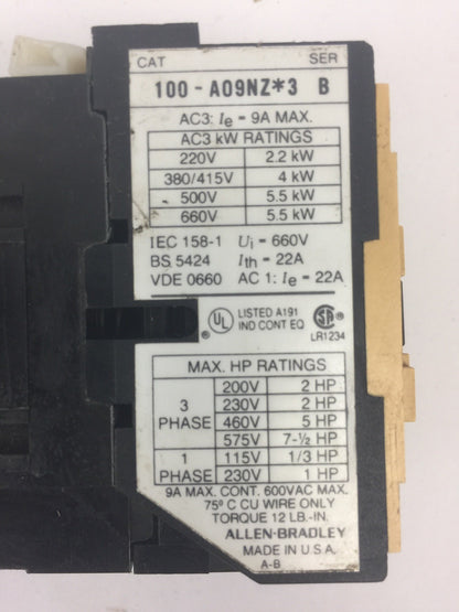 ALLEN BRADLEY 100-A09NZ*3 CONTACTOR SER B 600VAC 9A NB174 COIL 24VDC 1
