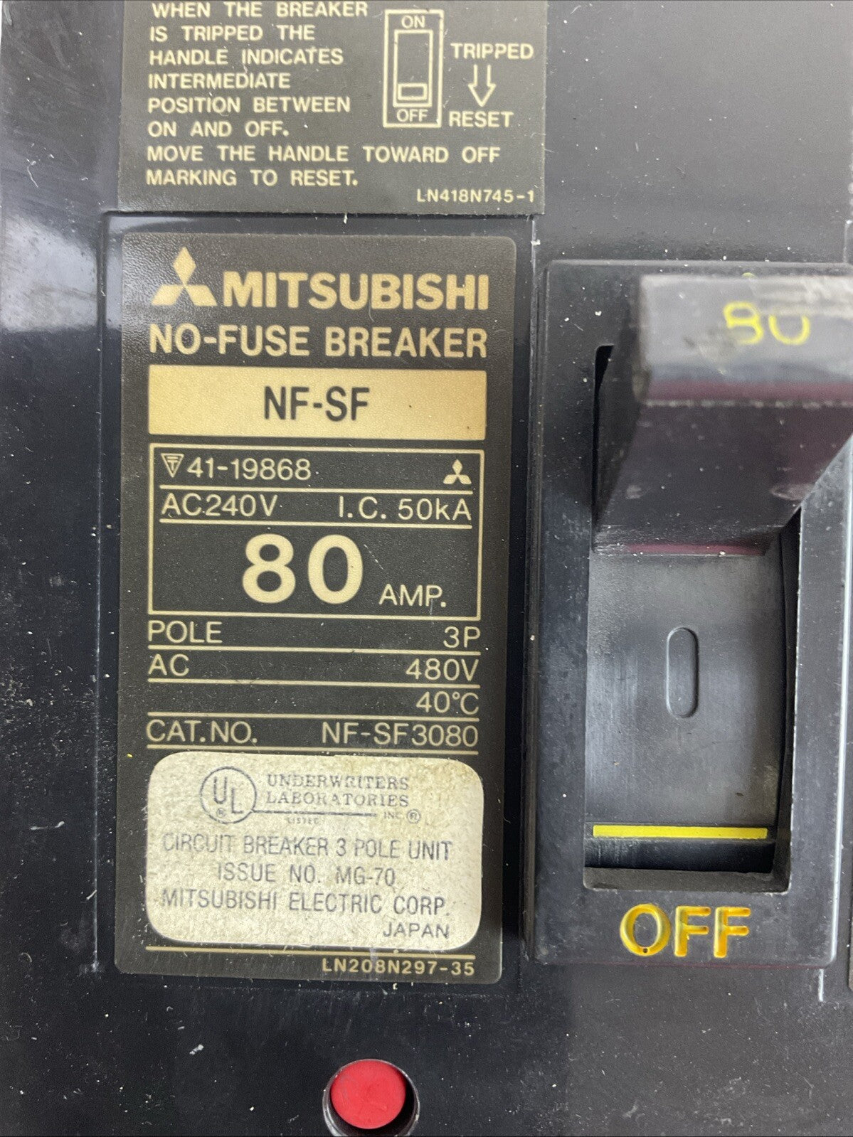 MITSUBISHI NF-NF3080 NO-FUSE BREAKER 480VAC 80AMP 3POLE1