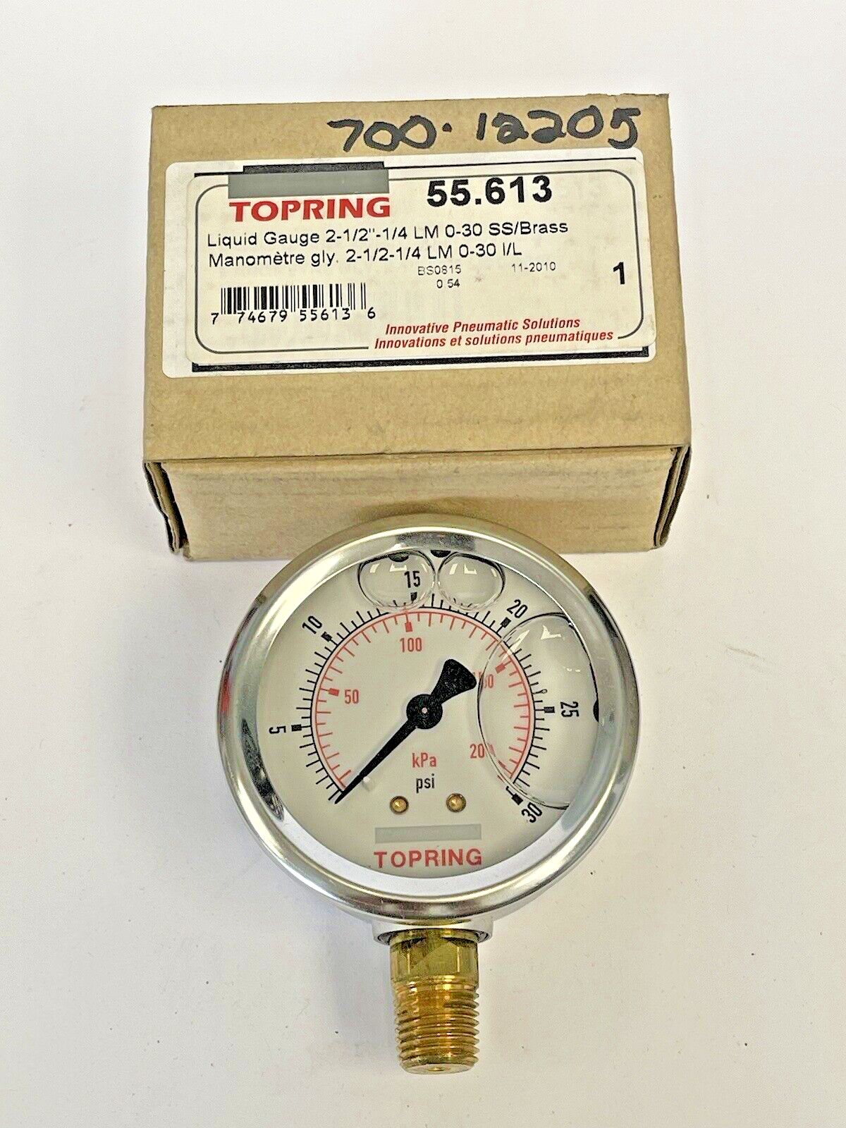 TOPRING - 55.613 - LIQUID GAUGE - 2.5" DIAMETER, 1/4" LM, 0-30 PSI - SS/BRASS0