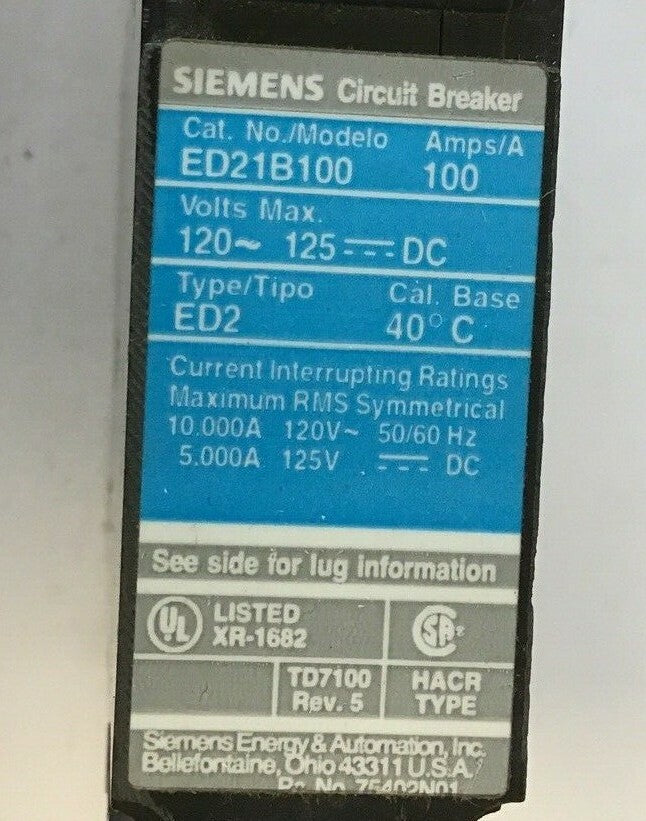 SIEMENS ED21B100 CIRCUIT BREAKER 100A 120VAC/125VDC 1
