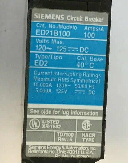 SIEMENS ED21B100 CIRCUIT BREAKER 100A 120VAC/125VDC 1