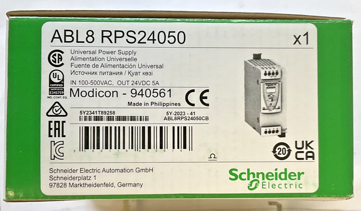 SCHNEIDER ELECTRIC ABL8RPS24050 POWER SUPPLY MODICON 940561 24VDC 5A 500VAC1