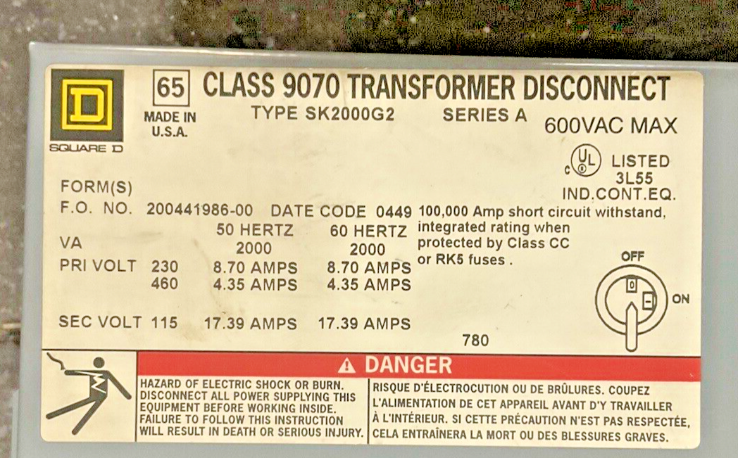 SQUARE D SK2000G2 TRANSFORMER DISCONNECT SER.A 600VAC 50/60HZ 17.39A1
