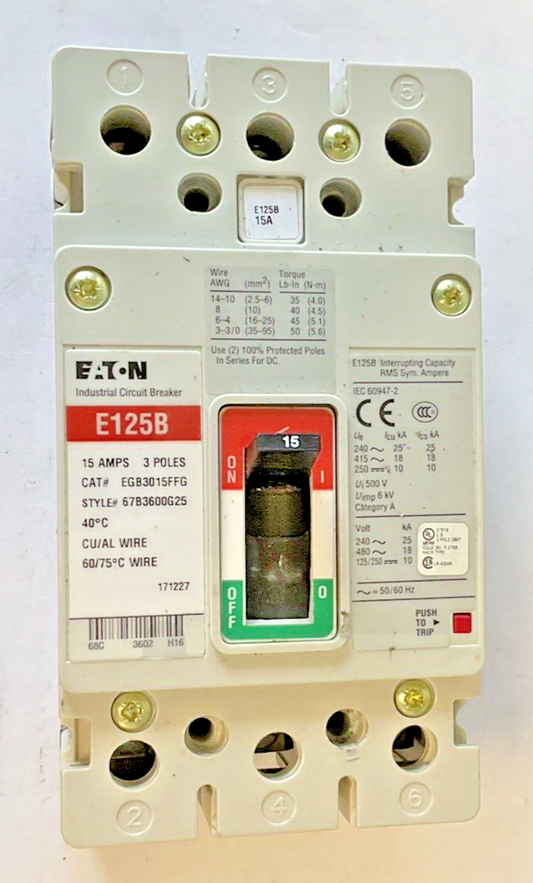 EATON EGB3015FFG CIRCUIT BREAKER 15AMPS 3POLE 250VDC 50/60HZ E125B0