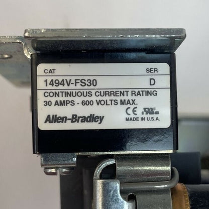 ALLEN BRADLEY 1494V-DS30 FUSIBLE DISCONNECT SWITCH SER D 30A 600VAC 20HP 250VDC2