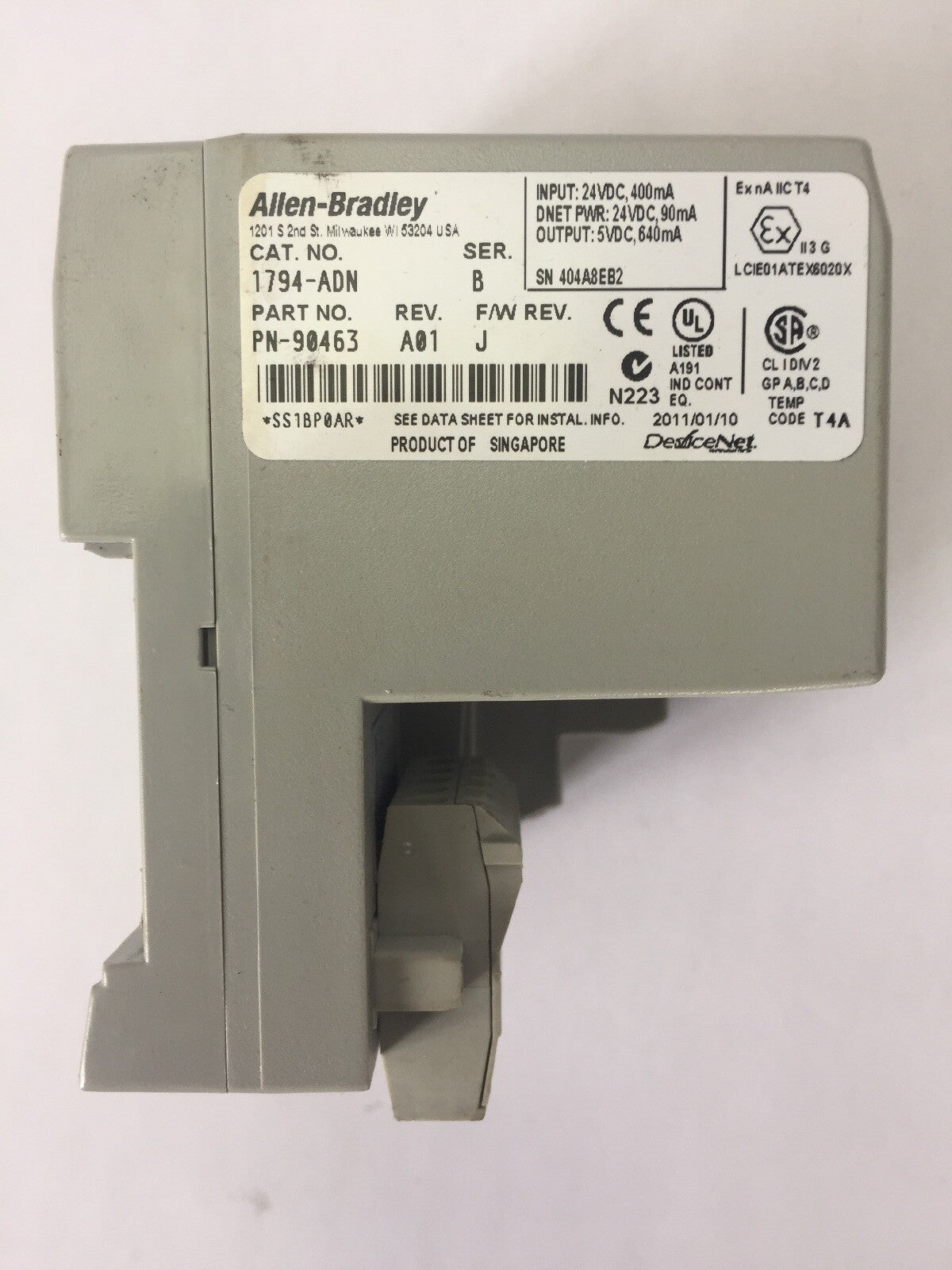 ALLEN BRADLEY 1794-ADN 24VDC ADAPTOR SER B REV A01 F/W REV J OUTPUT 5VDC INPUT1