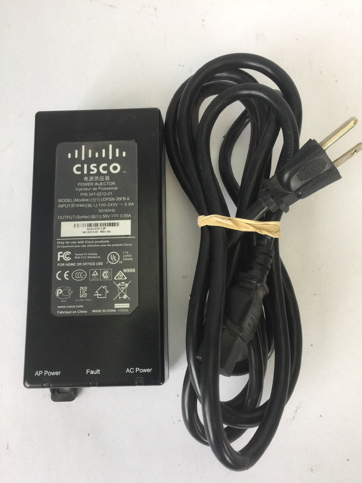 CISCO DPSN-35FBA POWER INJECTOR INPUT 100-240VAC 0.8A OUTPUT 56VDC 0.55A 0
