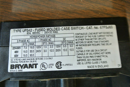 BRYANT 67FSJ60 FUSED DISCONNECT SWITCH / 60A / 3-POLE / TYPE J / NEW SURPLUS1