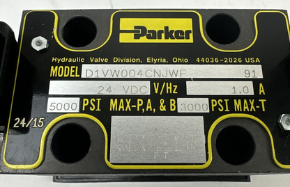 PARKER D1VW004CNJWF SOLENOID VALVE 24VDC 1.0A 5000PSI MAX-P,A,&B 3000PSI MAX-T1