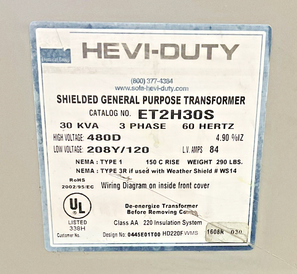 HEVI-DUTY ET2H30S SHIELDED GENERAL PURPOSE TRASFORMER 30KVA 3PH 60HZ 480D 84A1