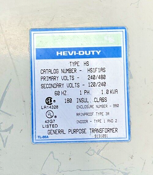 HEVI-DUTY HS1F1AS TRANSFORMER 240/480V 60HZ 1PH 1.0KVA1