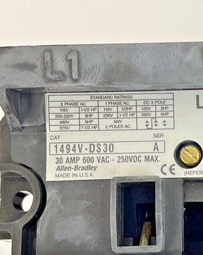 ALLEN-BRADLEY 1494V-DS30 LINE TERMINALGUARD  30A SER.A 600VAC 250VDC 2