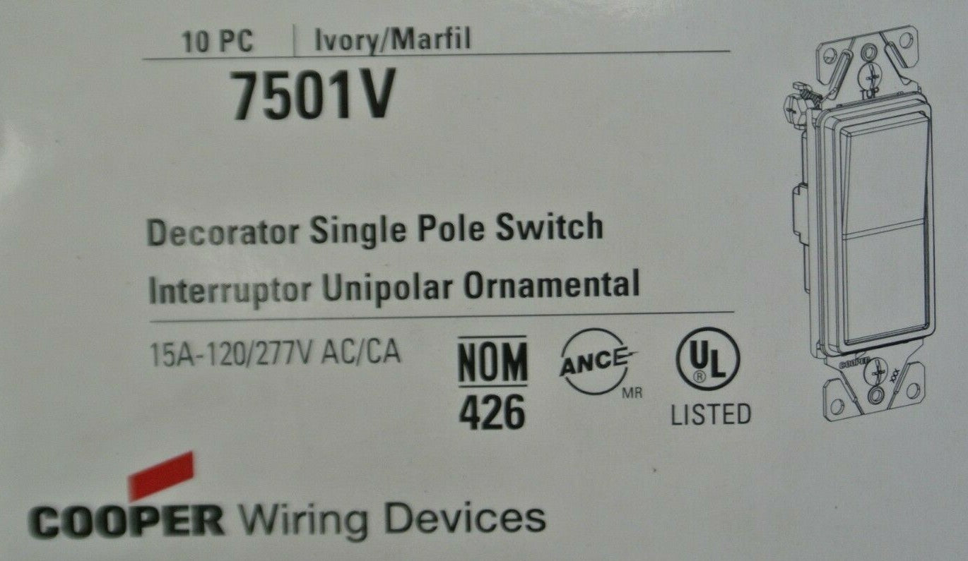BOX of 10 / COOPER 7501V DECORATOR SINGLE POLE SWITCH / IVORY / 15A / 120/277VAC1