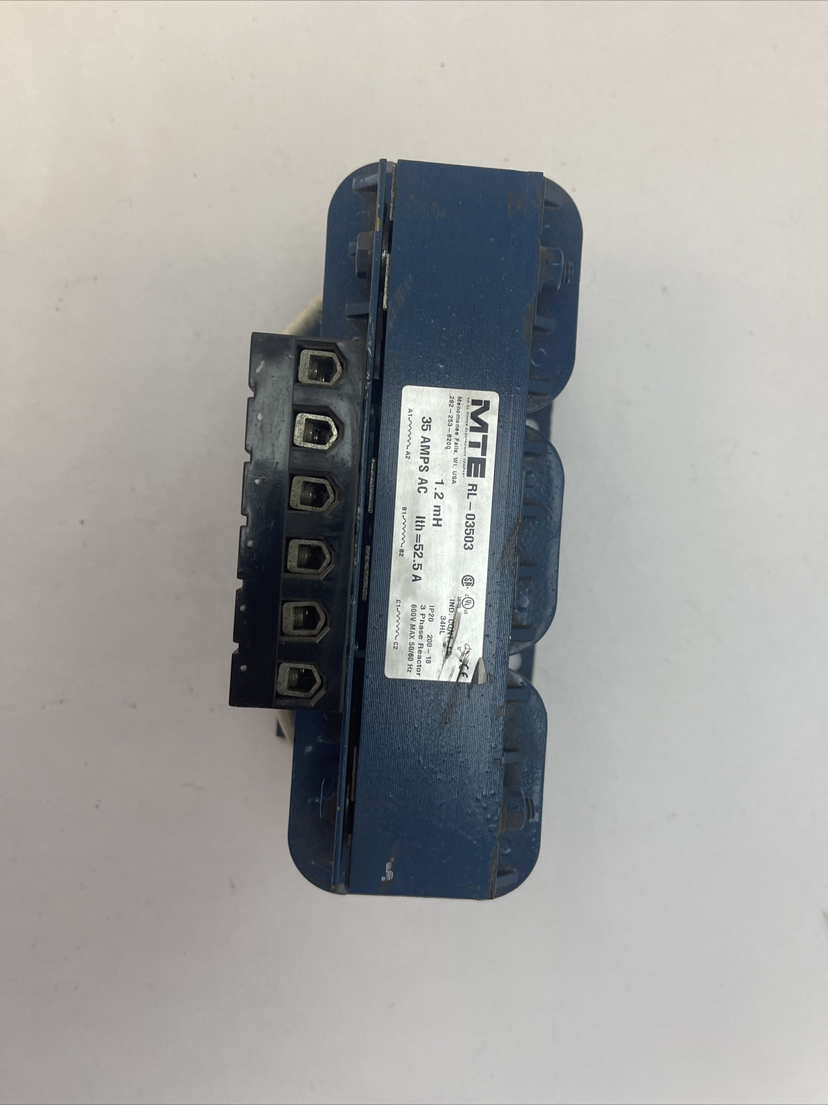 MTE RL-03503 3 PHASE REACTOR 600V 50/60HZ 1.2mH 35 AMPS AC Ith=52.5A2