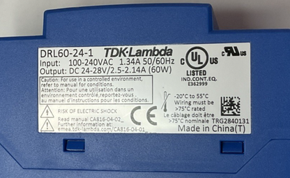 TDK-LAMBDA DRL60-24-1 POWER SUPPLY MODULE 240VAC 28VDC 50/60HZ 60W6