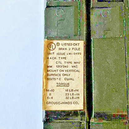 CROUSE-HINDS MH/MM 40A CIRCUIT BREAKER 2POLE 120/240VAC1