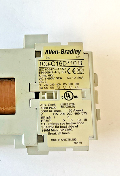 ALLEN BRADLEY 100-C16*D10 CONTACTOR SER.B 600VAC 30A3