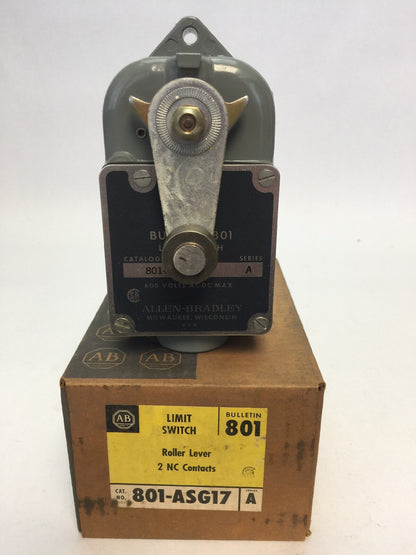 ALLEN BRADLEY 801-ASG17 LIMIT SWITCH ROLLER LEVER 600V AC/DC 2 NC CONTACTS 0