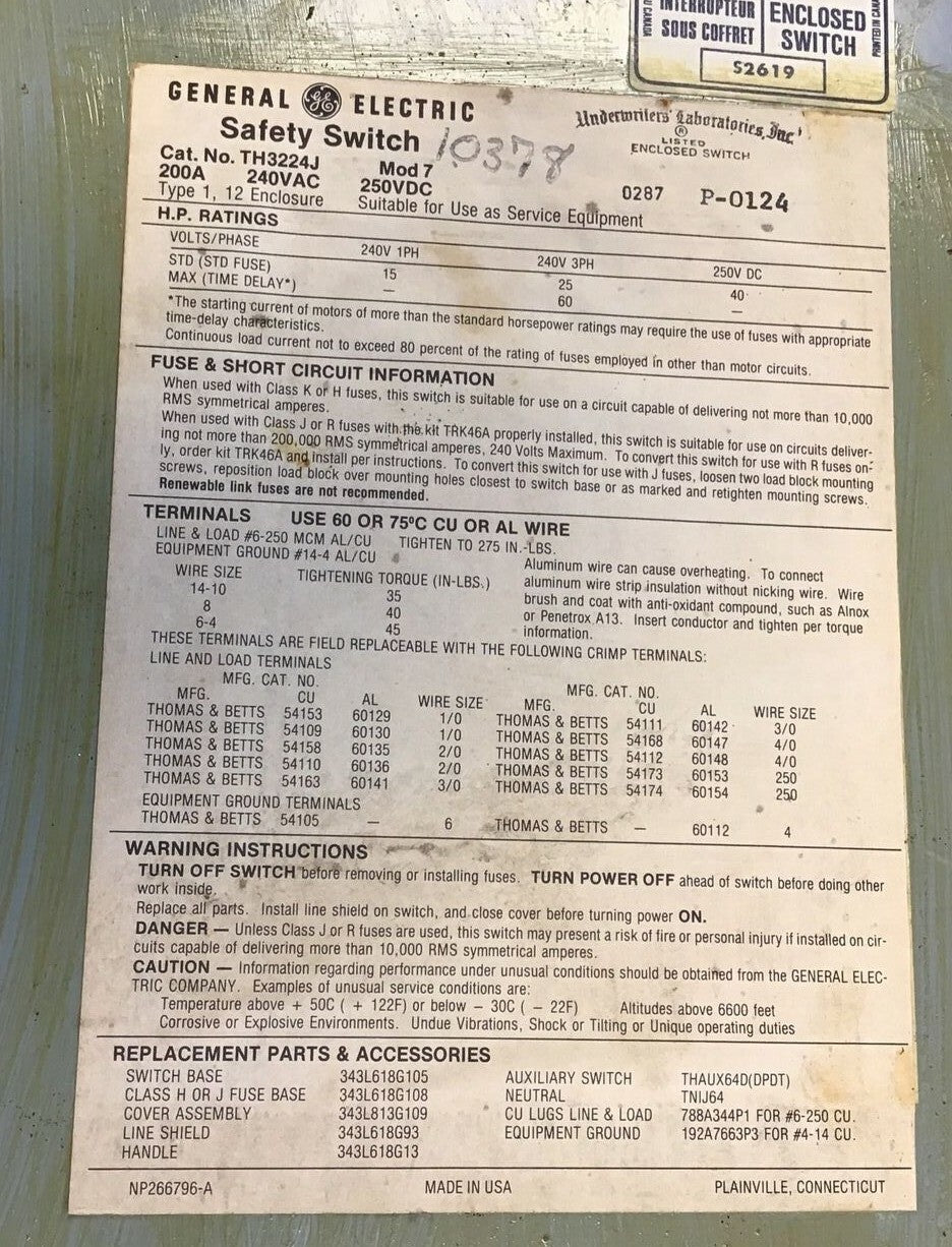 GE TH3224J MODEL 7 FUSIBLE SAFETY SWITCH 200A 240VAC 250VDC 60HP 2P7