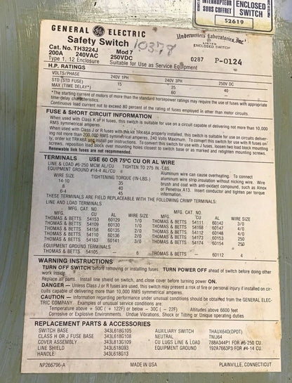 GE TH3224J MODEL 7 FUSIBLE SAFETY SWITCH 200A 240VAC 250VDC 60HP 2P7