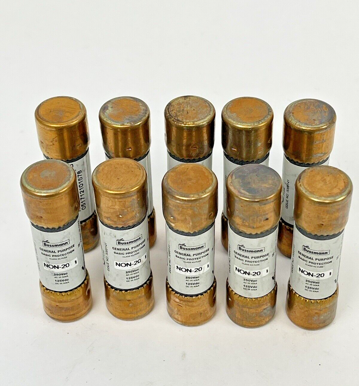 BUSSMANN EATON - LOT OF 10 - NON-20 - 20A 250V AC, K5, 2" FUSE - Cylindric2