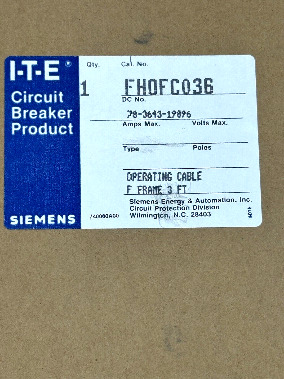 SIEMENS / ITE - FHOFC036 - 3 FT OPERATING CABLE F FRAME - NEW FACTORY SEALED2