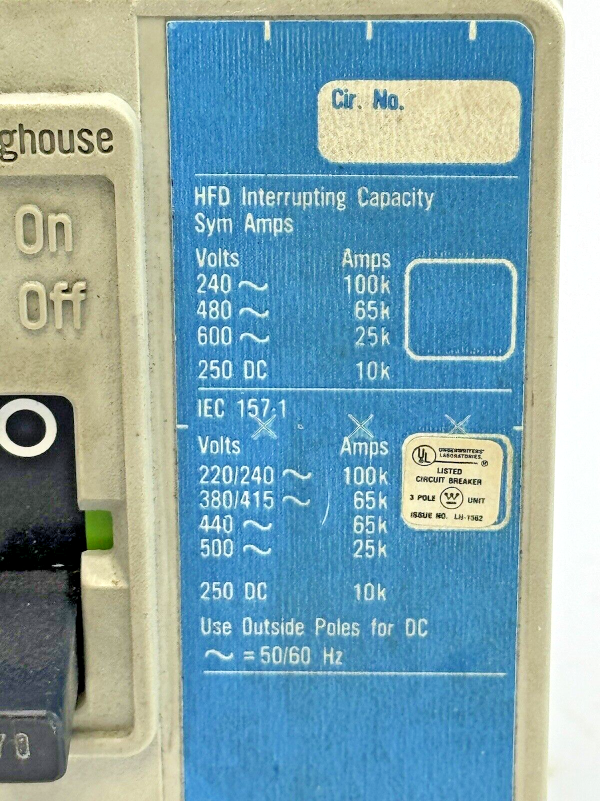 WESTINGHOUSE - HFD3070 - INDUSTRIAL CIRCUIT BREAKER - 3 POLE/ 70 A/ 600 VAC6