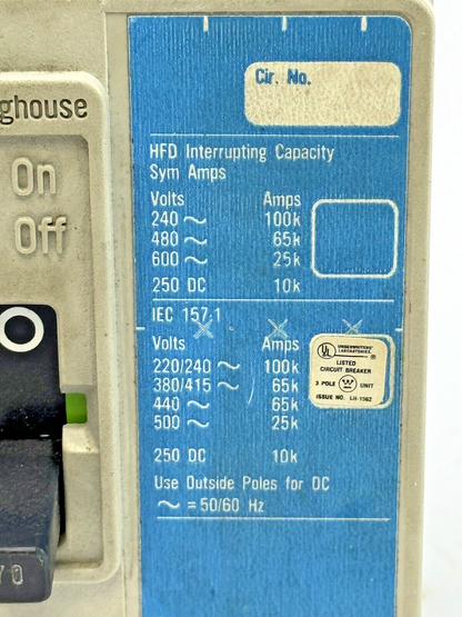 WESTINGHOUSE - HFD3070 - INDUSTRIAL CIRCUIT BREAKER - 3 POLE/ 70 A/ 600 VAC6