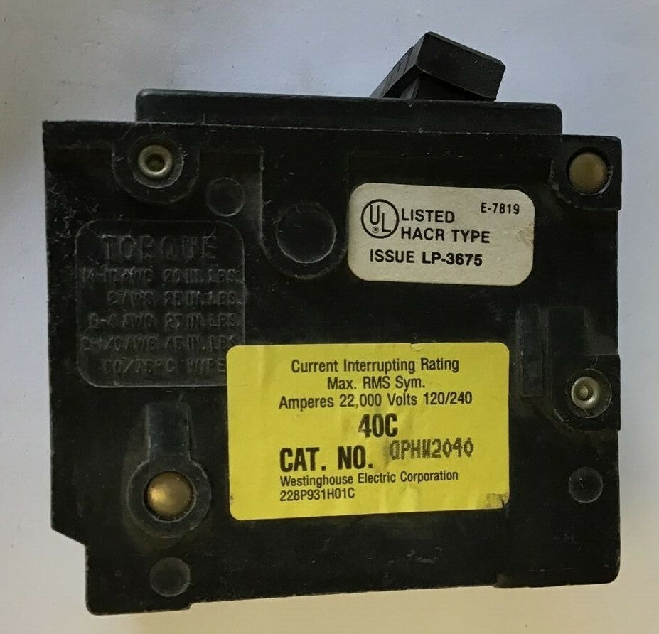 WESTINGHOUSE QPHW2040 CIRCUIT BREAKER 120/240VAC 2POLE  QUICKLAG4