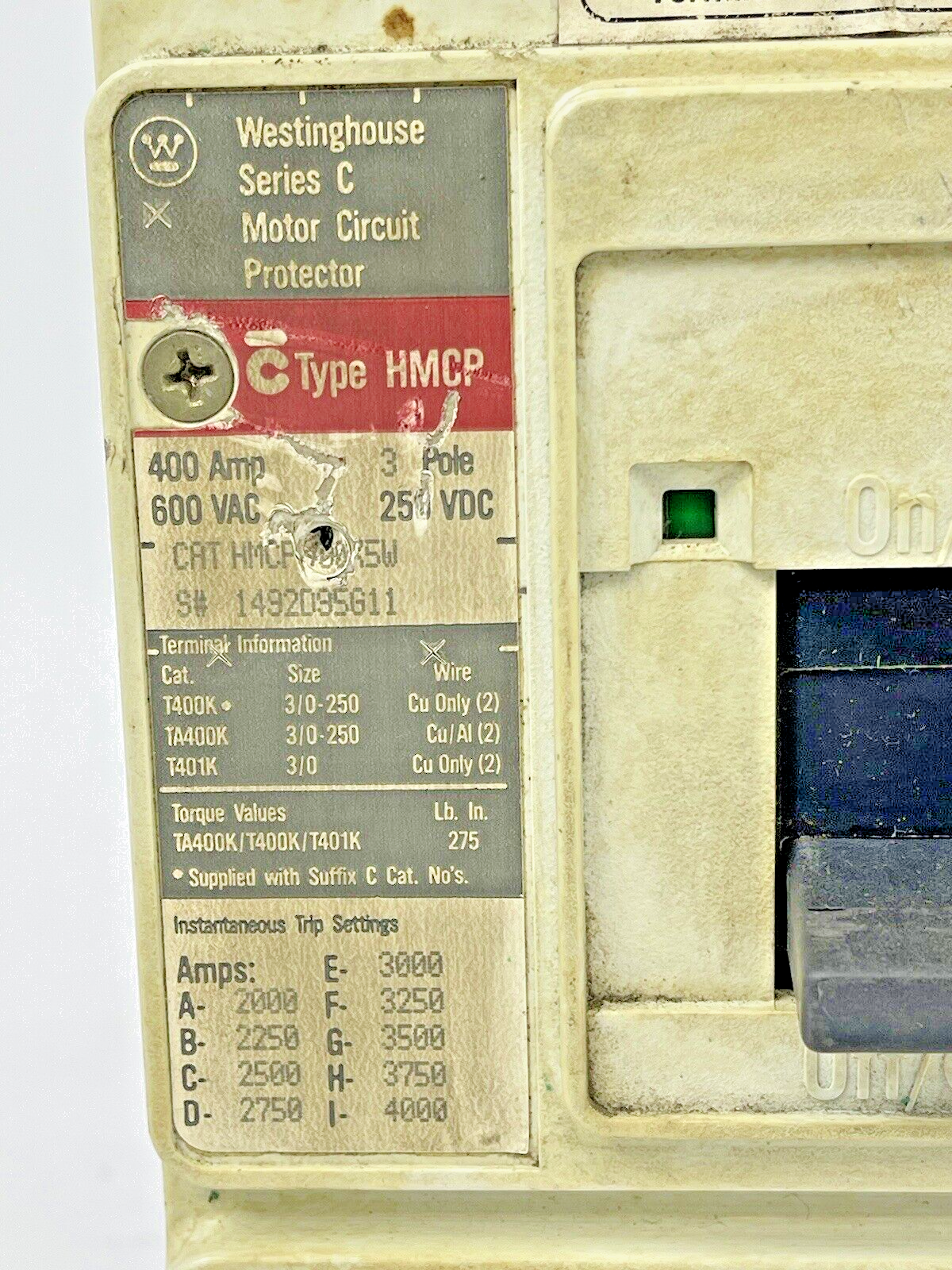 WESTINGHOUSE -HMCP400K5W - MOTOR CIRCUIT PROTECTOR - SER C, 400A, 3 POLE, 600VAC1