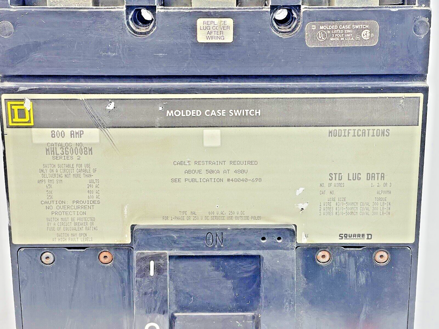 SQUARE D - MHL360008M SERIES 2 - CIRCUIT BREAKER - 800 A, 480 VAC, 3 POLE2