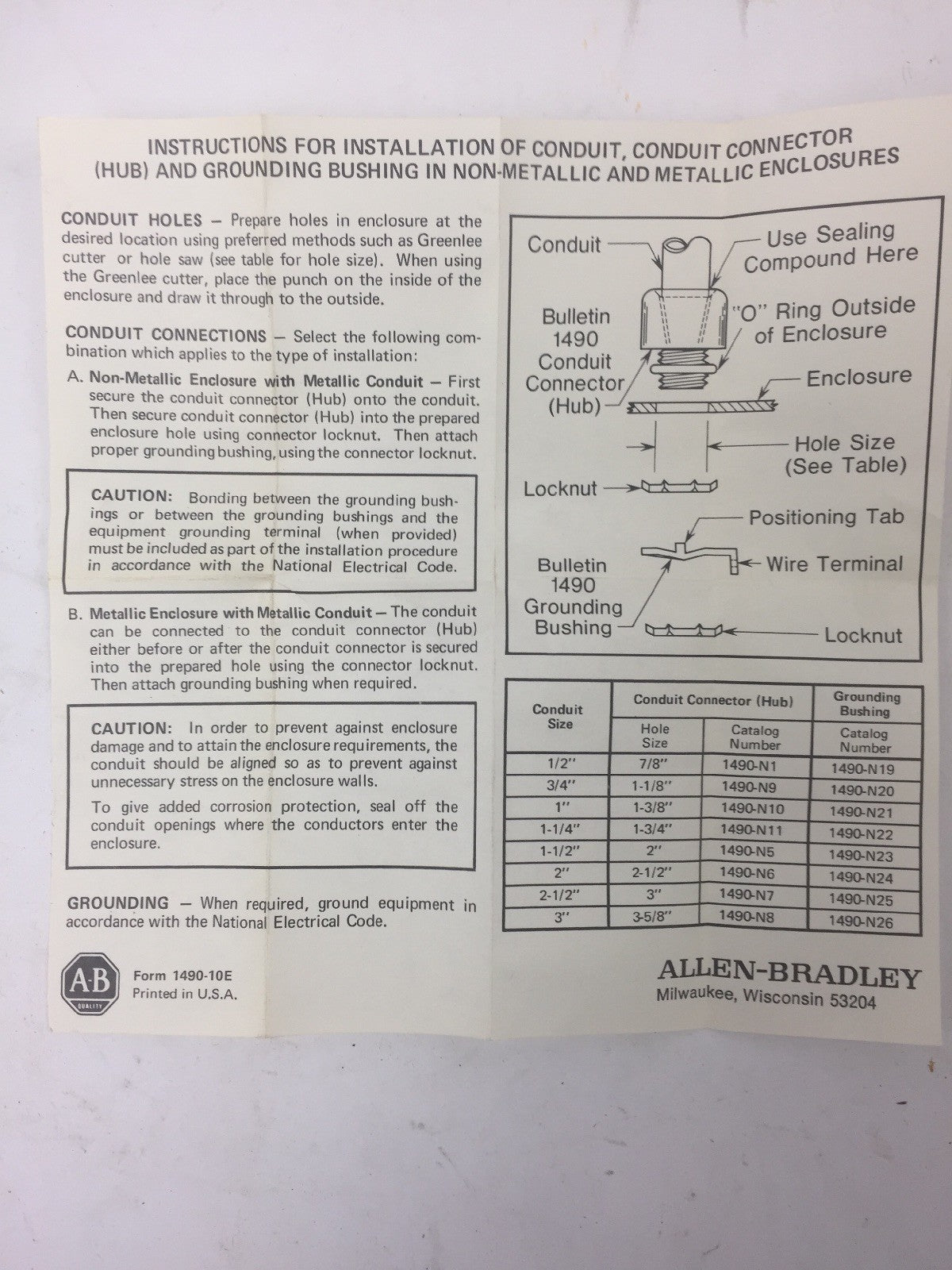 ALLEN BRADELY 1490-N8 CONDUIT HUB 3" SIZE CORROSION RESISTANT SERIES C9