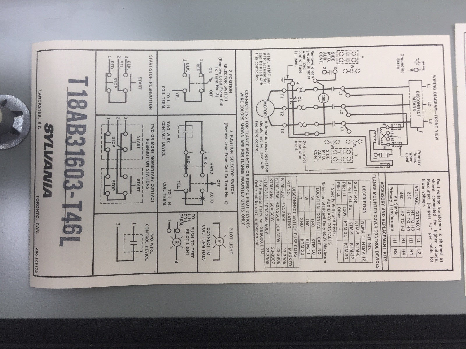 SYLVANIA T18AB31603-T46L A.C. MAGNETIC COMBINATION STARTER 30A 600V COIL 110-1206