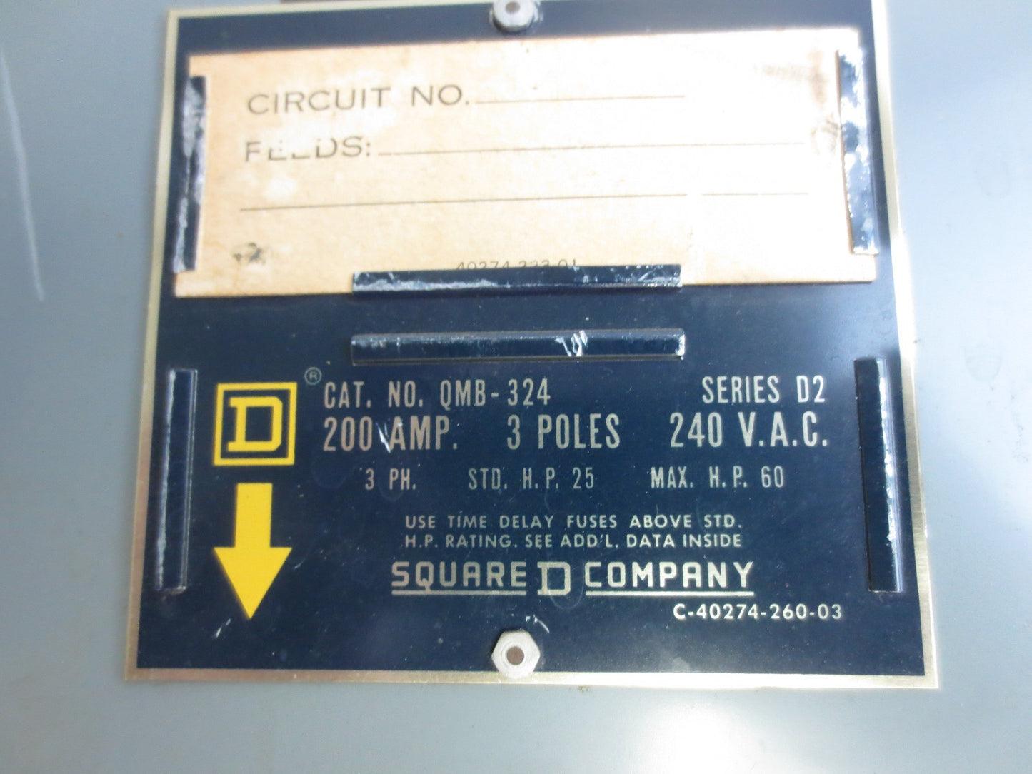 SQUARE D QMB-324 FUSIBLE PANEL SWITCH - 240VAC, 200A, 3-POLE1